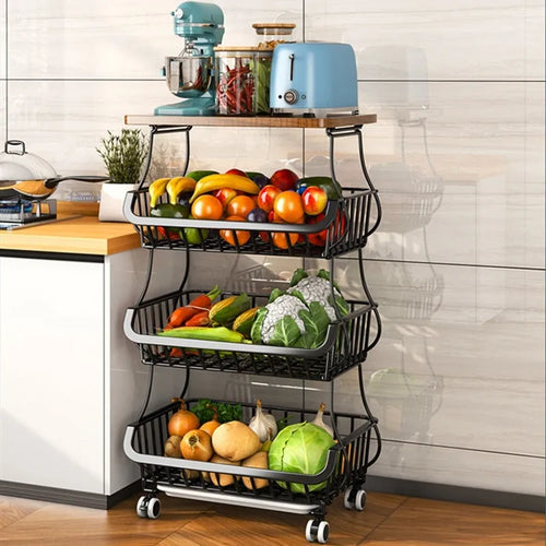 Black six-layer freestanding kitchen storage rack trolley made of carbon steel.