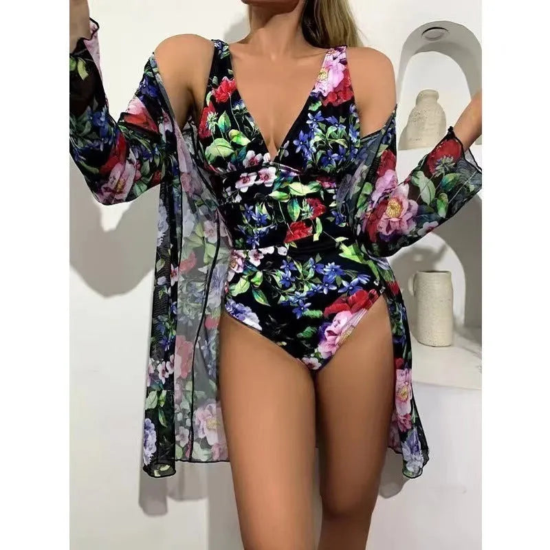 Women's floral tight bikini three-piece suit with coat in polyester fabric