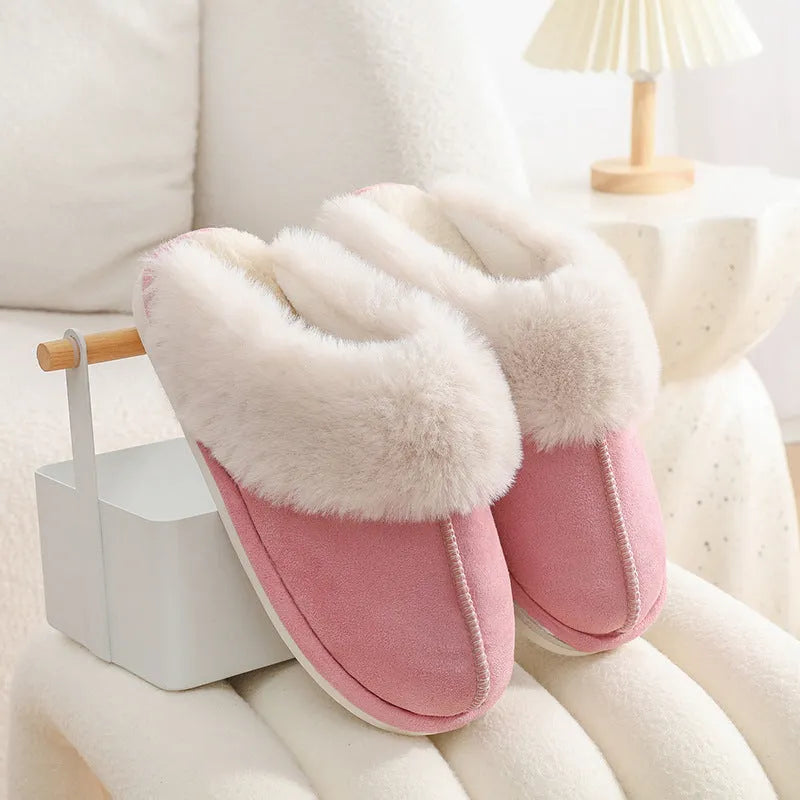 Women's winter plush slippers with round toe design in brown colour showing stitching detail