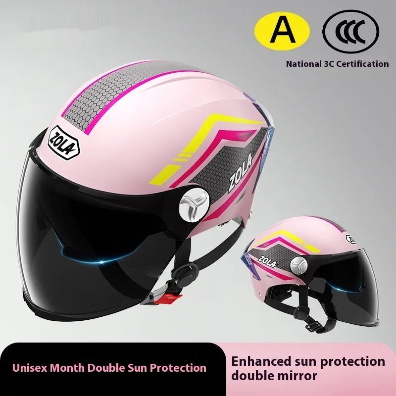 Children's motorcycle half helmet with double mirror visor in light brown colour variant