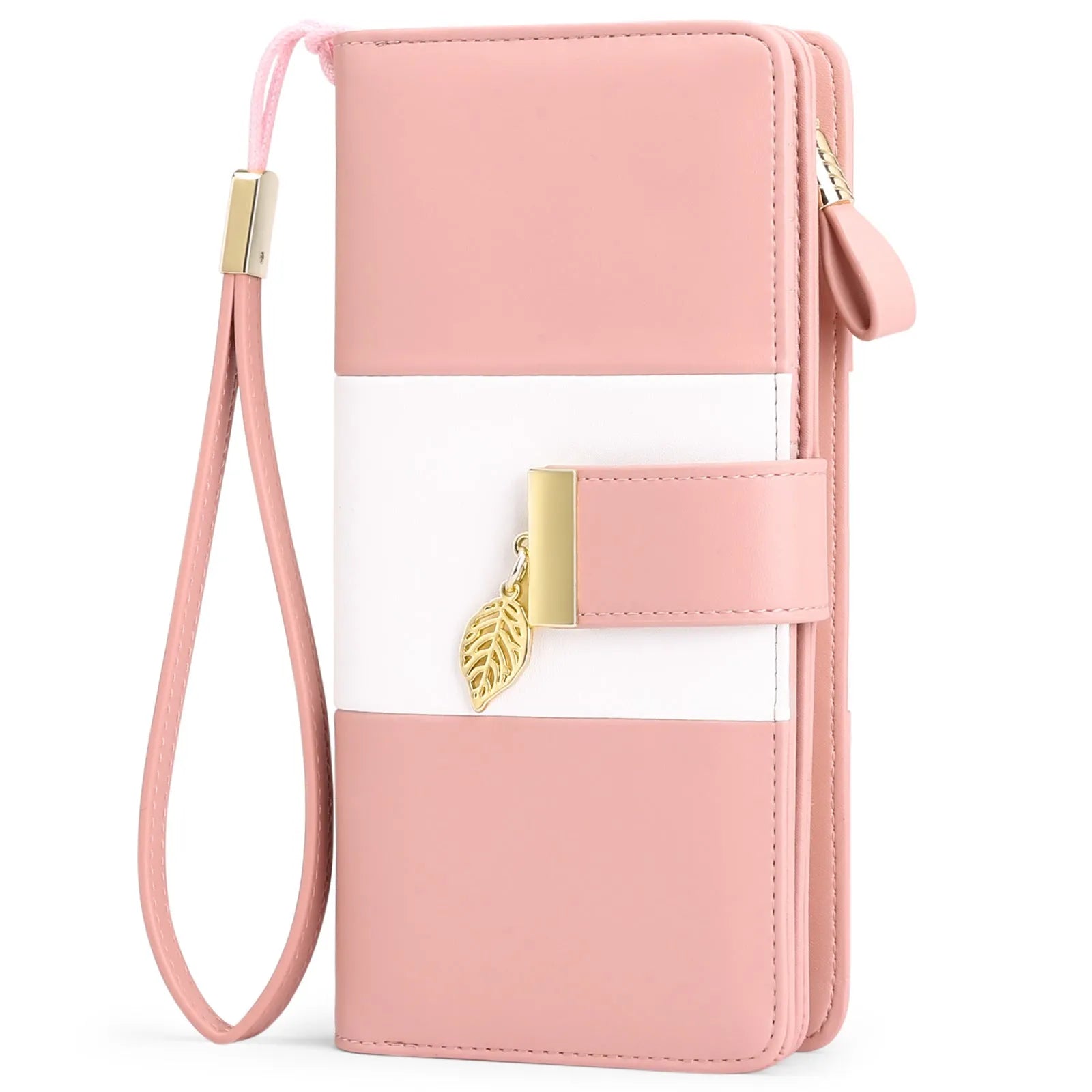 Anti-theft large capacity PU leather handbag wallet with lock, shown in multiple colours including black, pink, and khaki.
