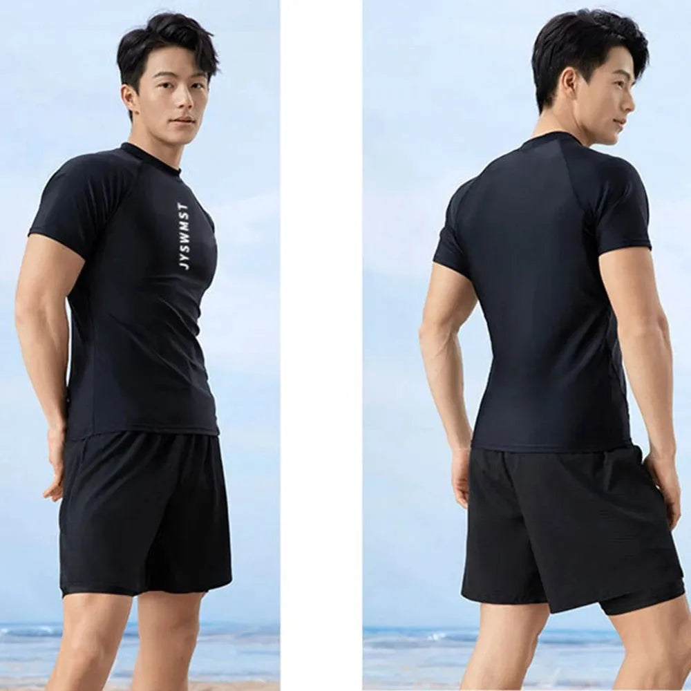 Men's plus size swimming set featuring a rash guard top and matching swim shorts on a grey background.