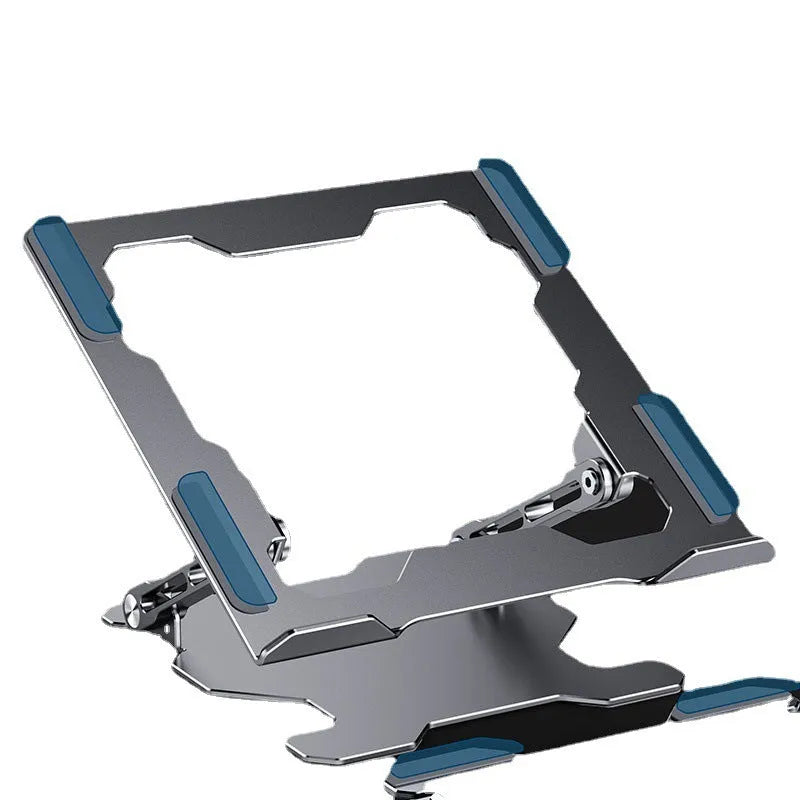 Grey aluminum laptop stand shown at an adjustable angle, folded flat, and holding a silver laptop.