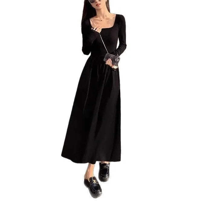 Women's black square collar knitted A-line dress with long sleeves and elastic waist