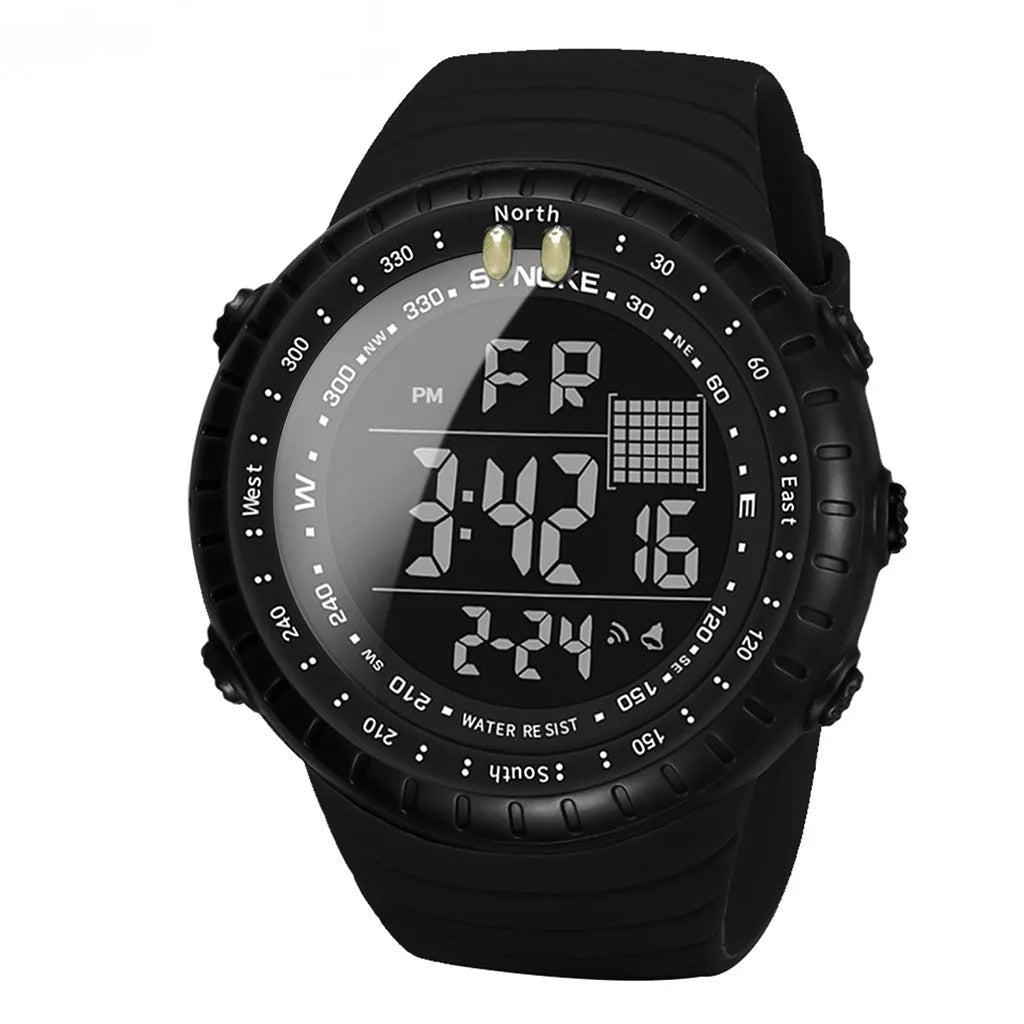 Black waterproof digital watch for men with plastic case and adjustable PU strap