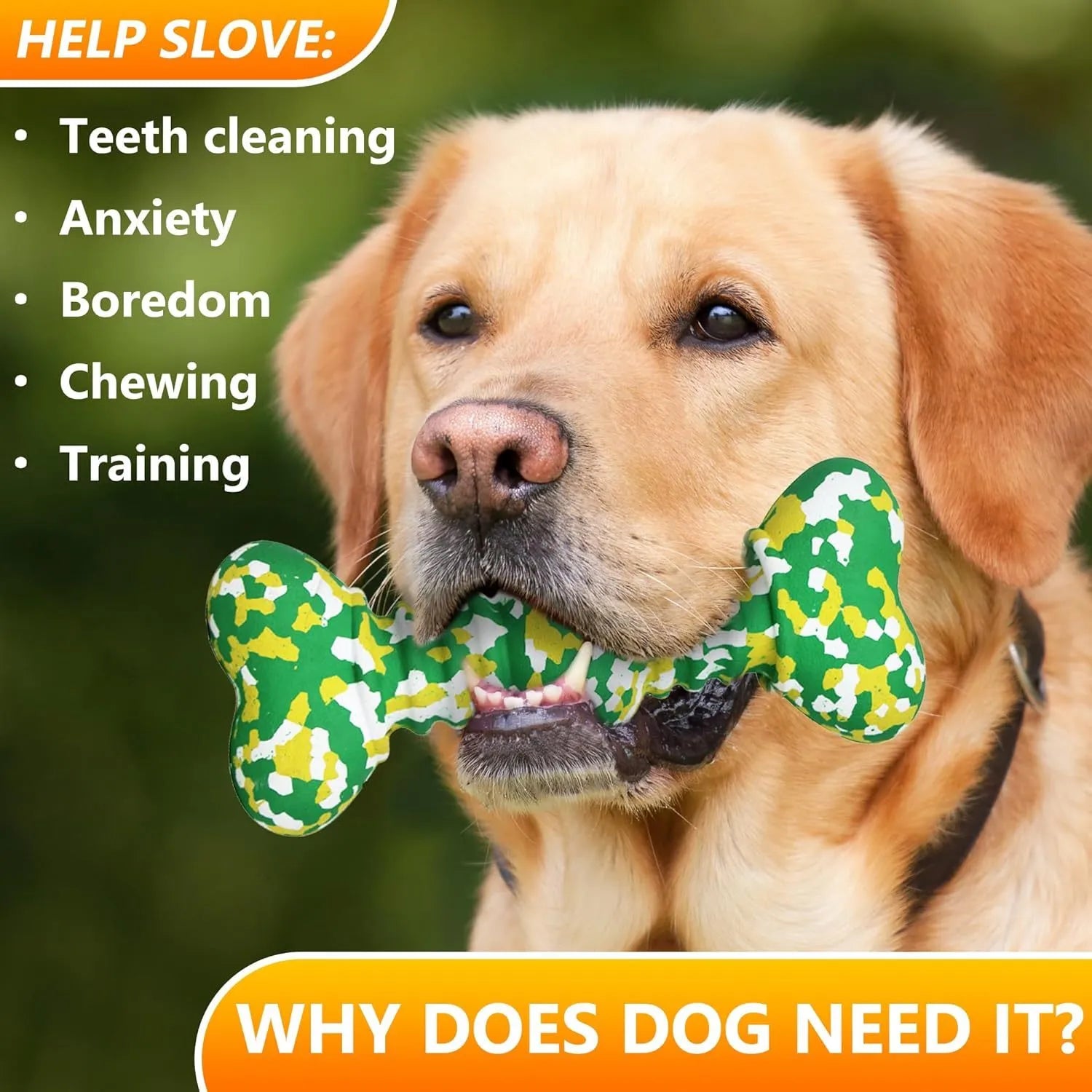 Green, white, and yellow camouflage pattern natural rubber bone chew toy for large breed dogs on a plain background.