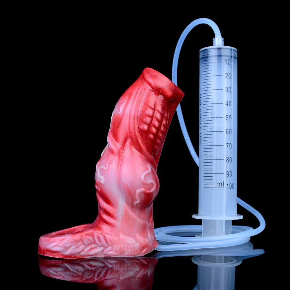 Manual water spray silicone exotic condom toy for adults with syringe and airbag, shown in M and L sizes.