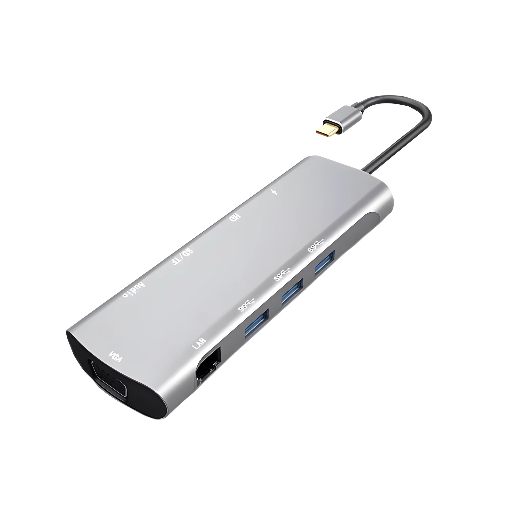Grey aluminium USB-C docking station with HDMI, VGA, USB and charging ports
