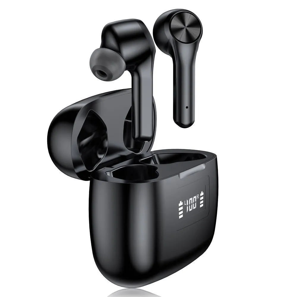 Cool black wireless stereo earphones with charging case showing noise reduction and Bluetooth 5.0 features