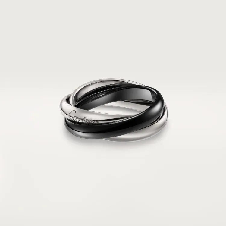 Geometric U-shape sterling silver couple ring with a full diamond band, shown in a gold rose silver finish.