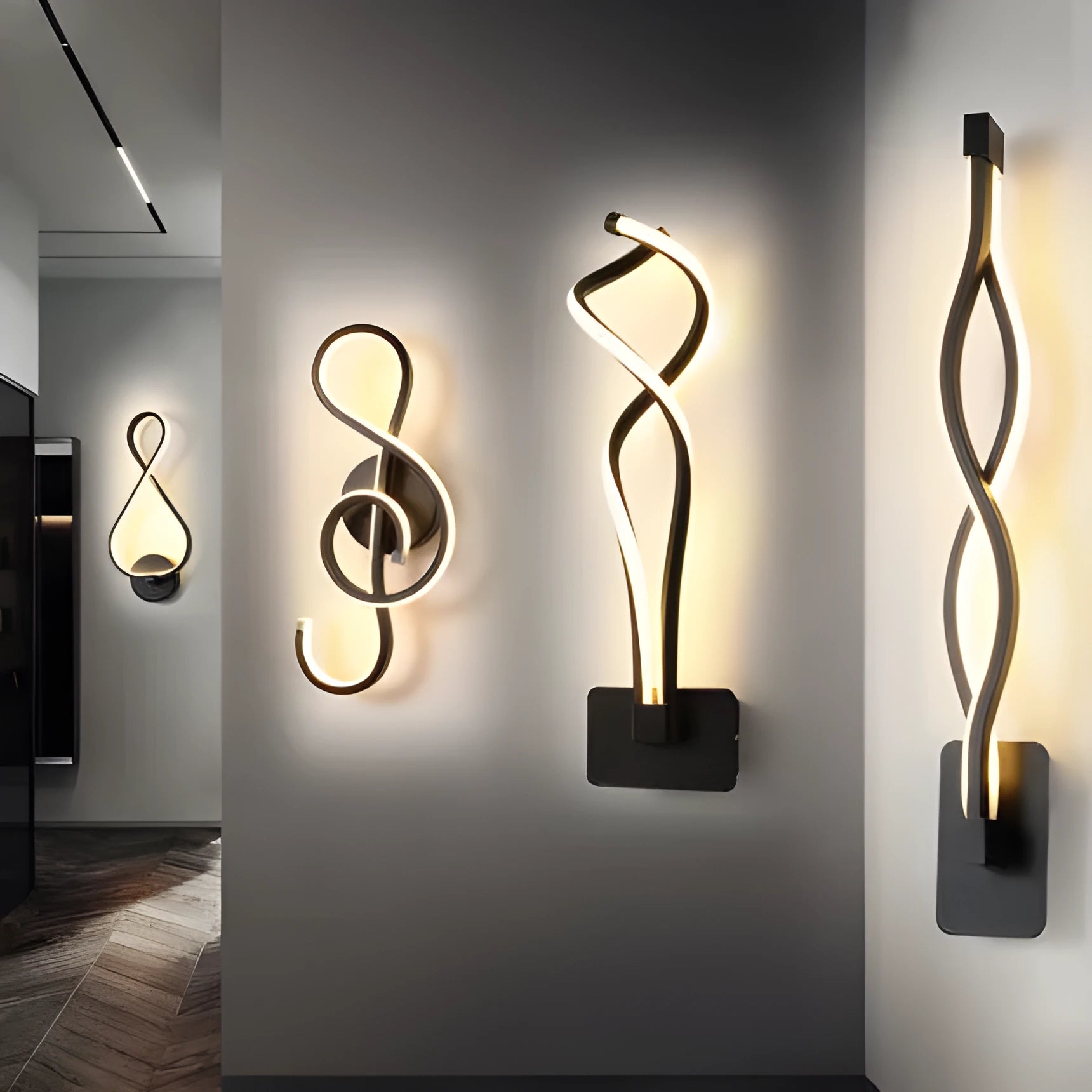 Minimalist Nordic-style LED wall lamp mounted on a wall, shown in a black finish with a soft glow.