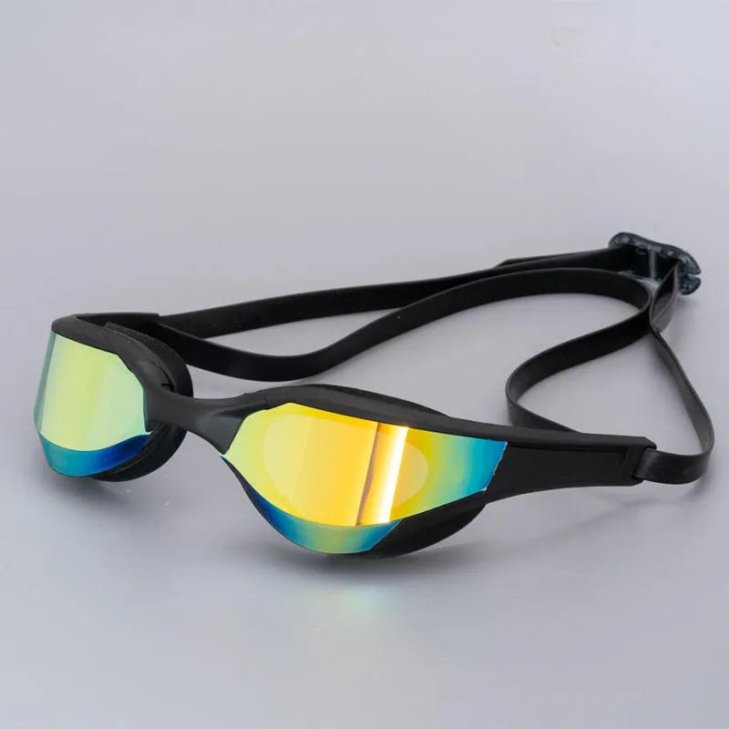 Anti-fog swimming goggles with polycarbonate lenses shown with large and small nose bridges in a plastic mirror box.
