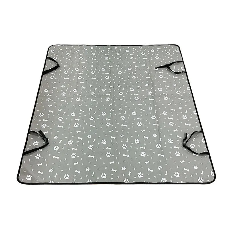 Grey car pet mat with dog bone print on rear car seat protecting upholstery
