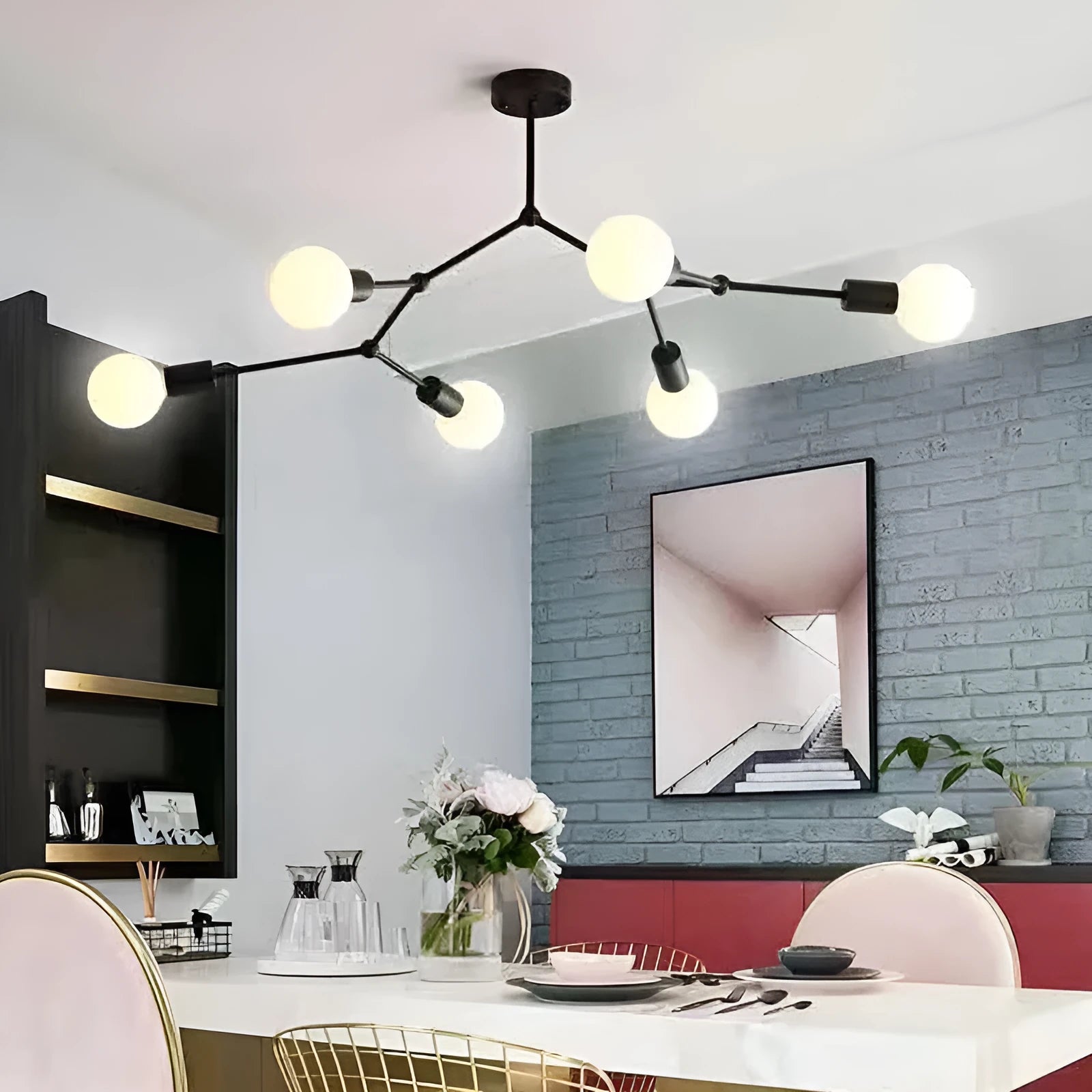 Nordic style iron chandelier ceiling lamp with multiple heads for bedroom or living room