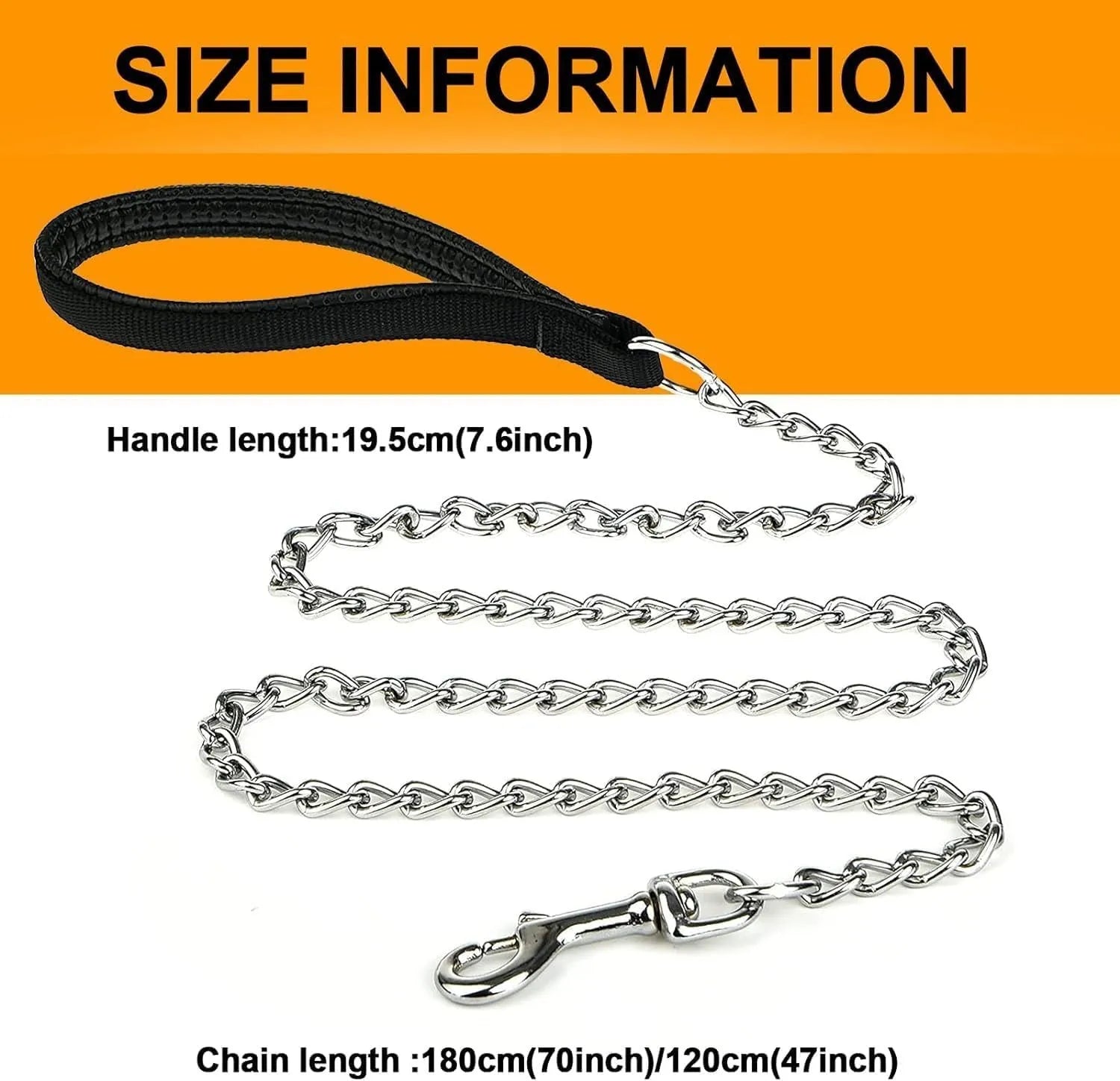 Heavy duty metal dog leash chain with soft padded handle in black, blue or red colours