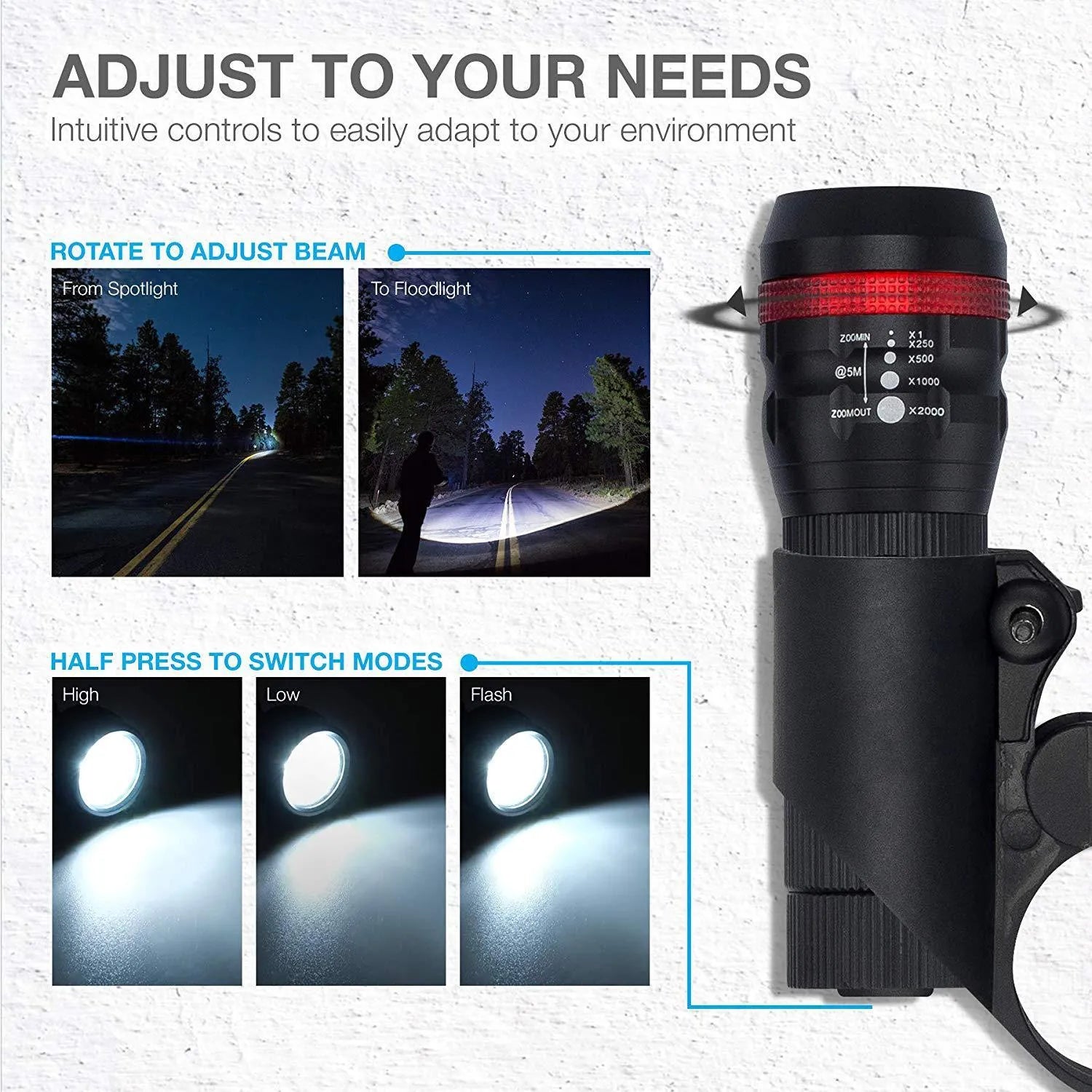 Bicycle safety light set showing front flashlight with mounting bracket and separate red taillight