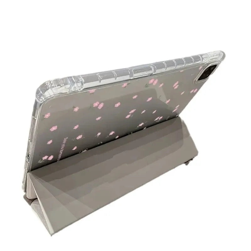 Transparent floral tri-fold tablet case with magnetic stand for iPad showing clear PC back and cartoon pattern