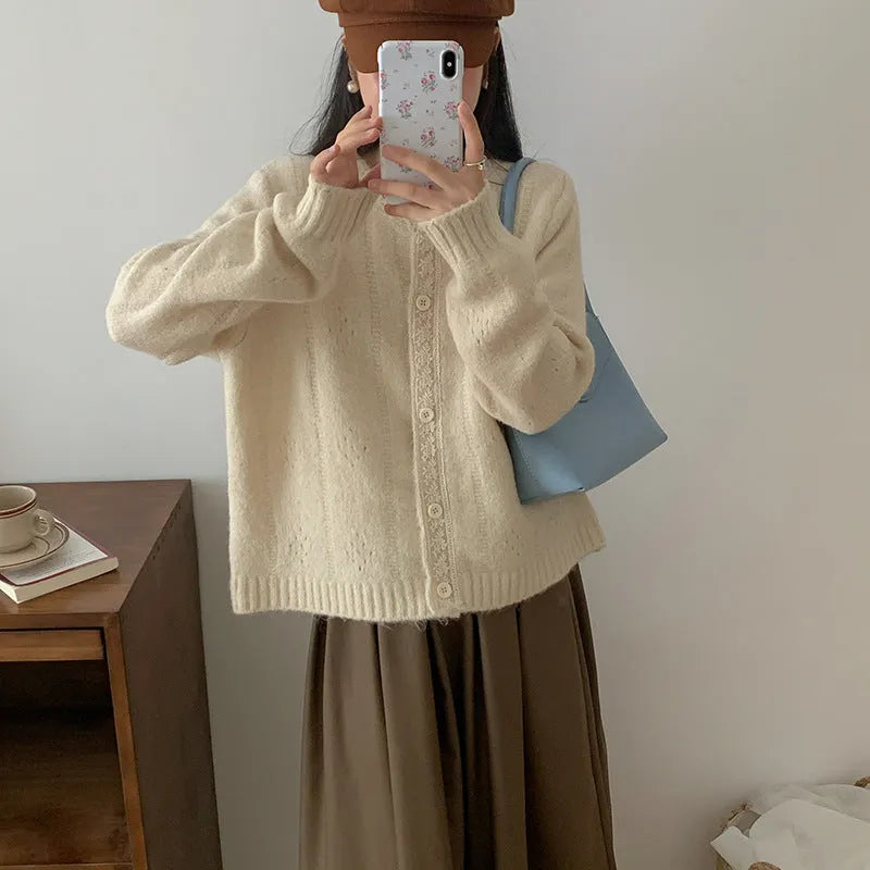 Loose retro-style Korean knitwear cardigan coat in apricot colour