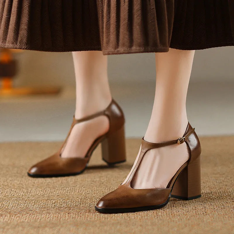 Women's pink and dark brown pointed toe Mary Jane shoes with buckle fastening