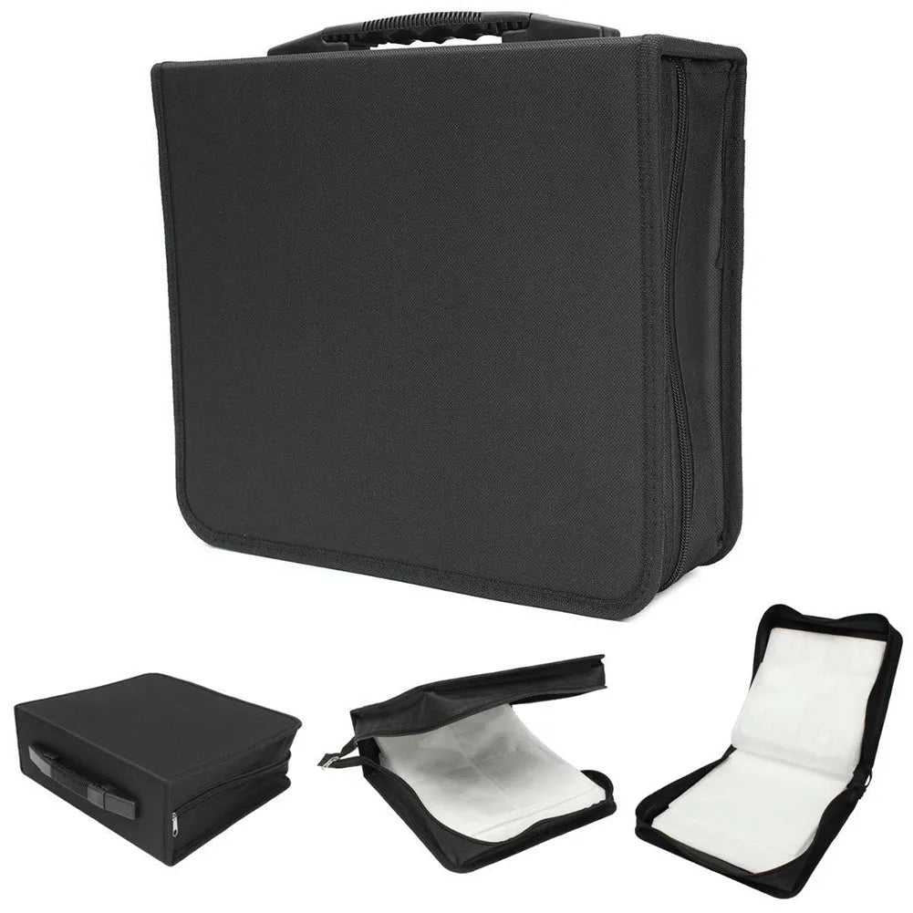 Black Oxford cloth CD DVD storage binder organiser with zipper and top hand strap.