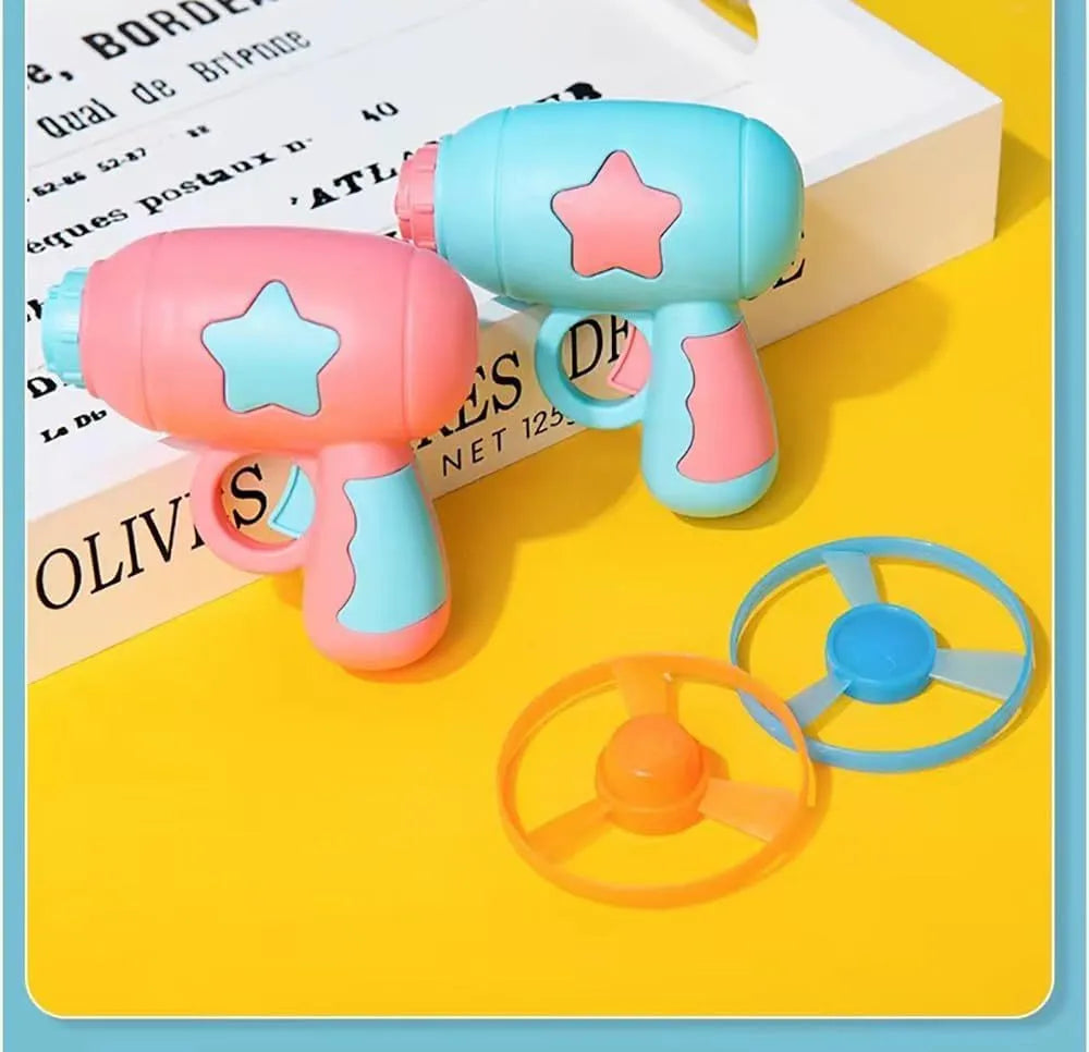 Blue interactive cat toy gun with plastic frisbee measuring 11cm tall for indoor feline play