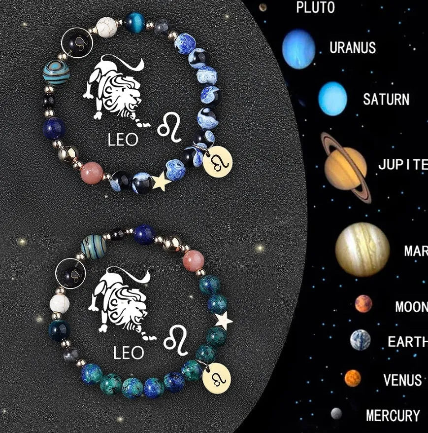 Zodiac sign bracelet with natural stone beads on elastic cord, adjustable astrology jewellery