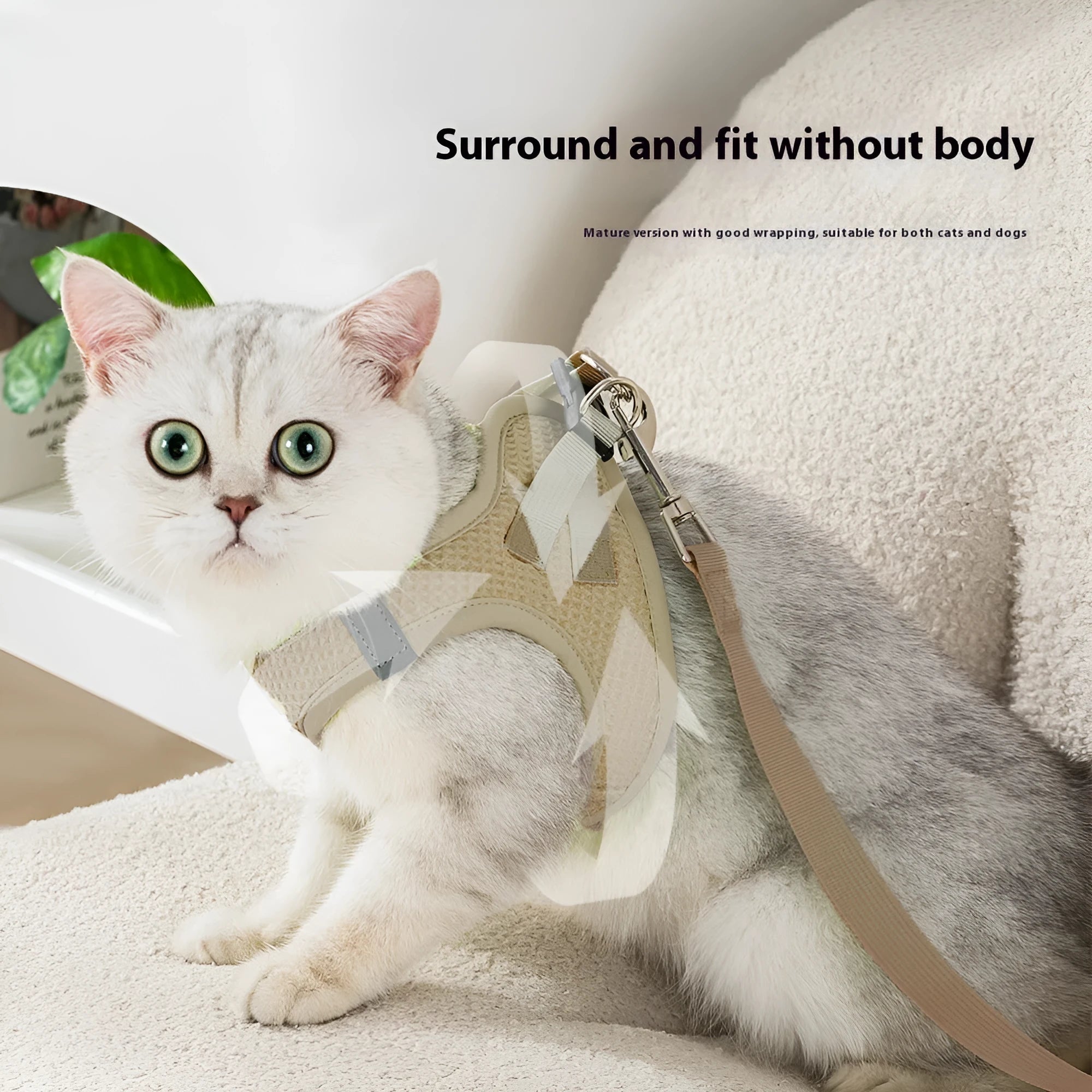 Brown cloth cat harness with waffle texture and integrated pulling rope on chest strap
