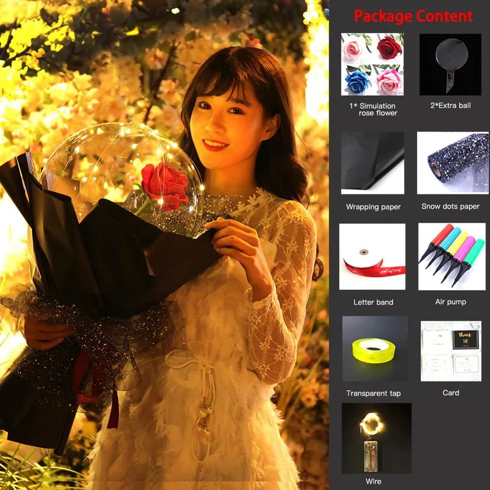 Transparent LED luminous balloon bouquet with artificial rose and glowing light inside, displayed as a DIY kit.