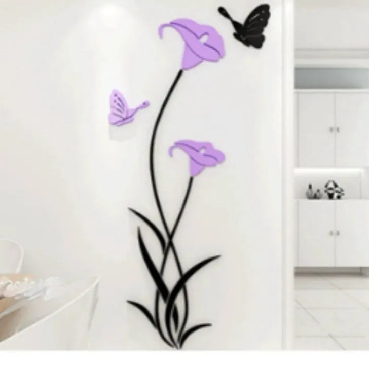 Lily flower 3D acrylic wall sticker in pink colour with dimensional stereo design