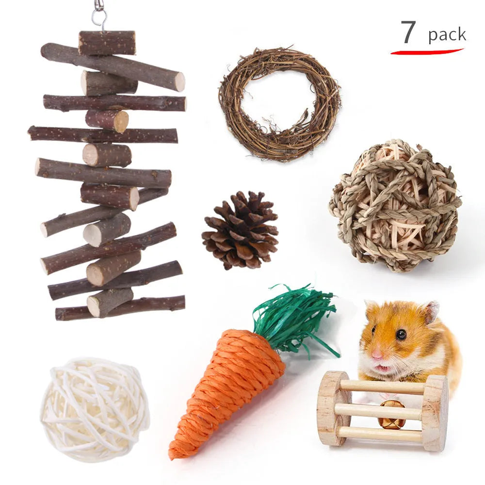 Assortment of wooden and natural fibre chewing toys for pet rabbits, guinea pigs, and parrots on a straw mat