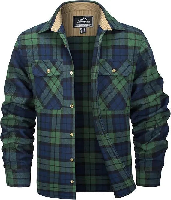 Men's plaid flannel casual button shirt in cardigan style for autumn and winter wear