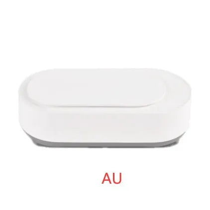 White portable ultrasonic cleaning machine with a stainless steel tank for jewellery and glasses.