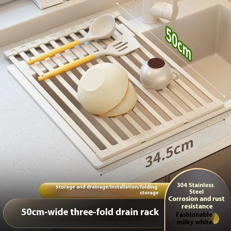 Foldable stainless steel kitchen draining rack in milky white finish showing tri-fold mechanism