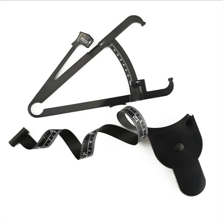 Black digital body fat calliper with sliding pointer and measurement gauge