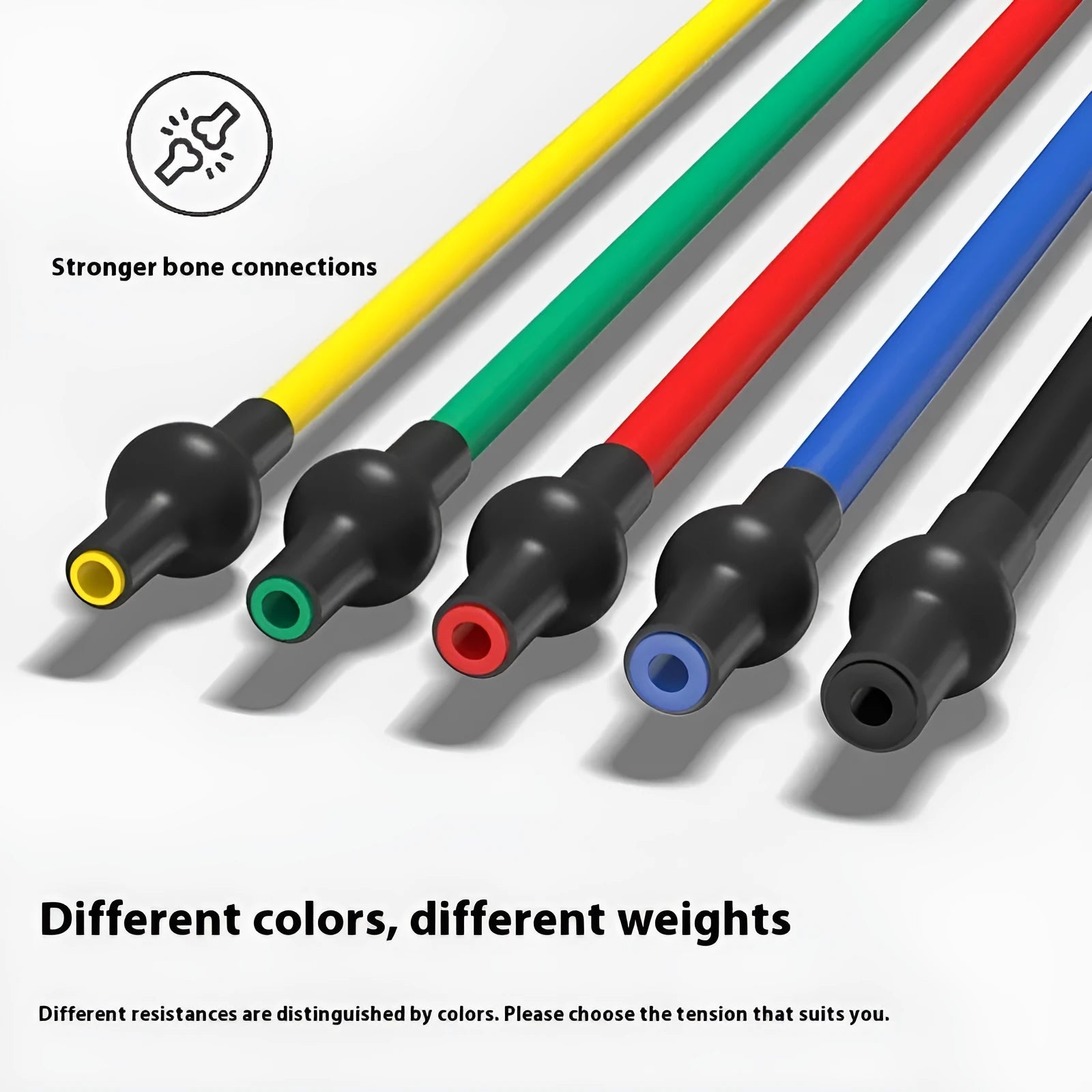 Colour-coded adjustable chest expander with TPE tension rope in yellow, green, red, blue, and black resistance levels