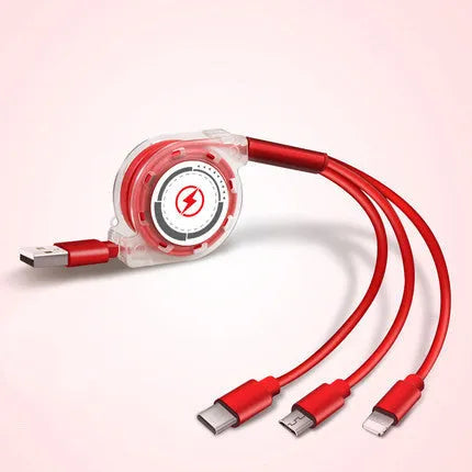 3 in 1 telescopic charging cable extended to 120 cm length with multiple connector options