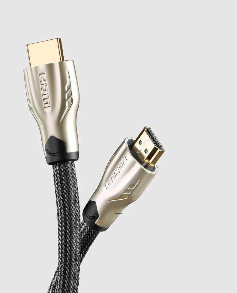 Black 5 metre long HDMI cable with gold-plated connectors on a white background.