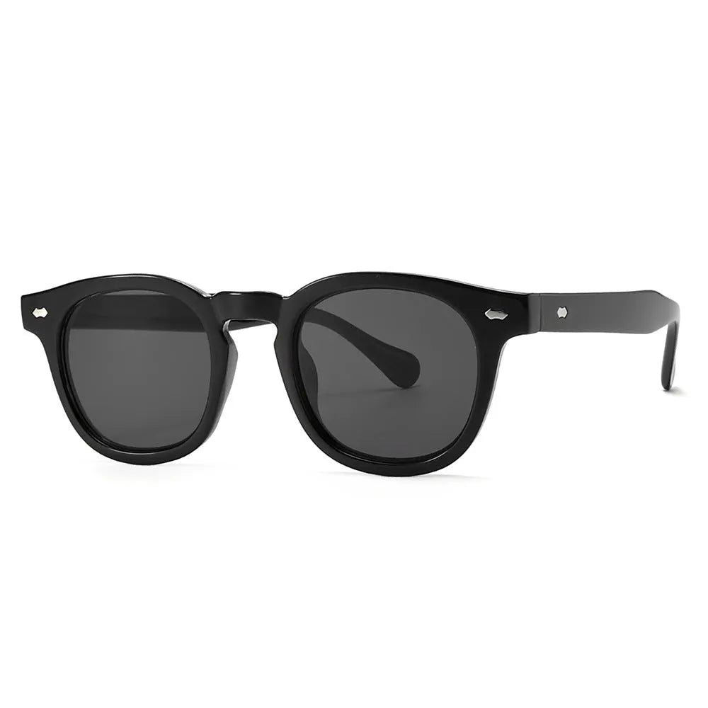 Round rim plastic sunglasses in bright black frame with black and grey lenses