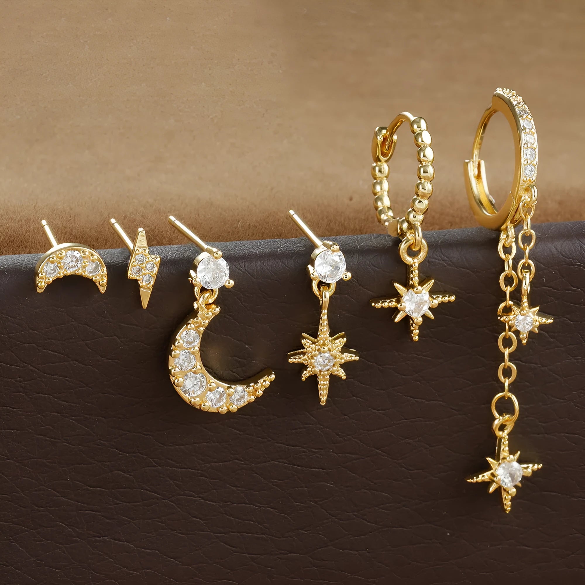 XINGX six-piece gold electroplated chain tassel earrings with zircon stud details for women
