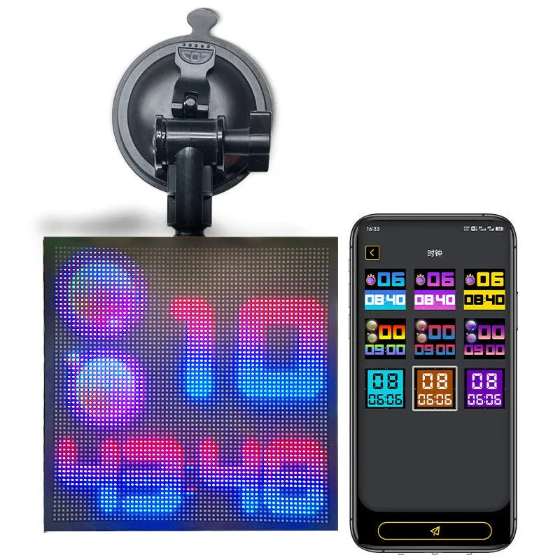 Bluetooth wireless LED car display screen with aluminium frame showing RGB graphics