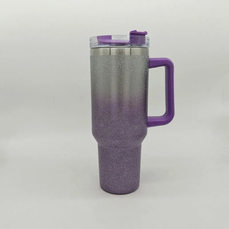 Large stainless steel vacuum insulated cup in a gradient colour option showing its height and simple style.