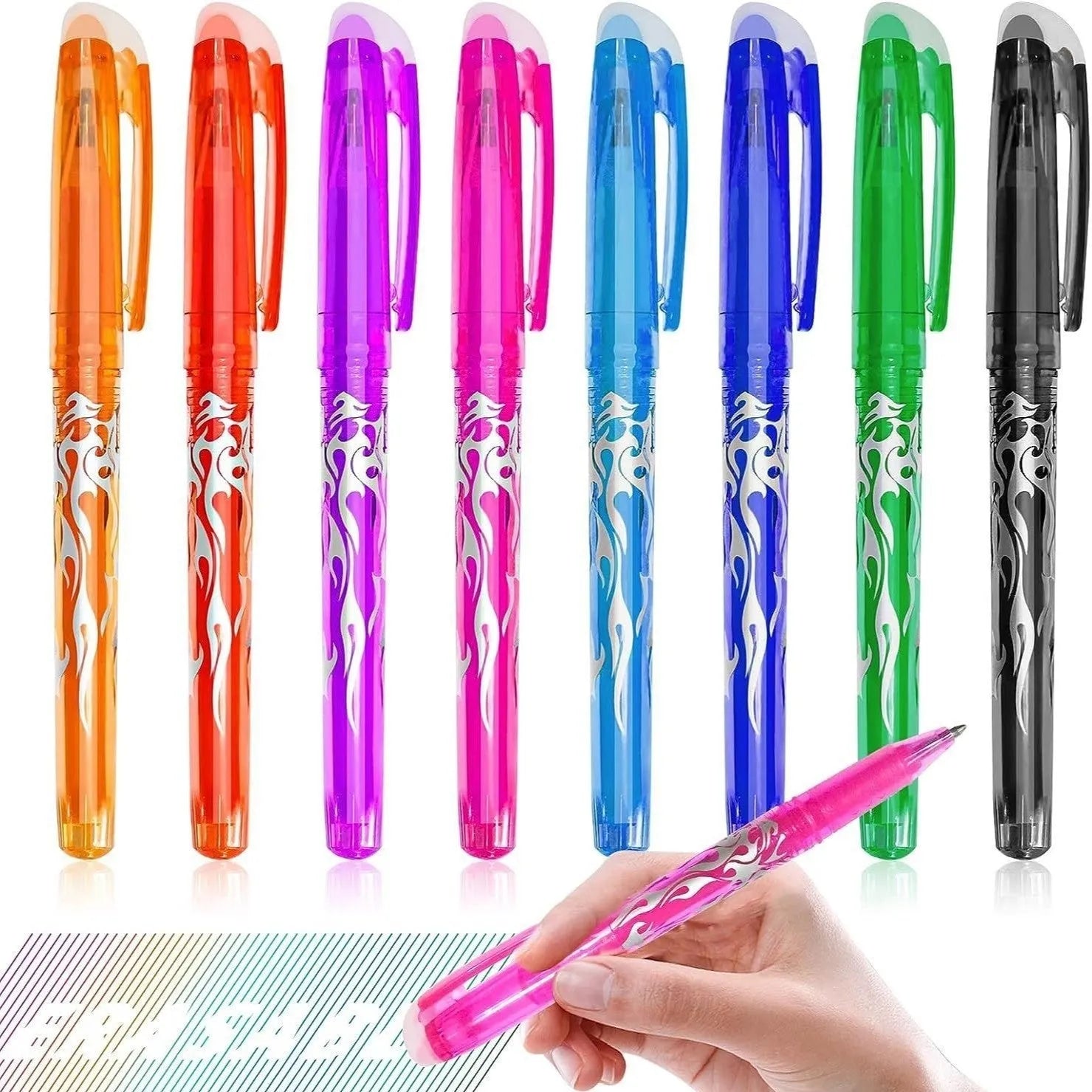 Heat-erasable gel pen set with plastic barrels and stainless steel nibs in multiple colours