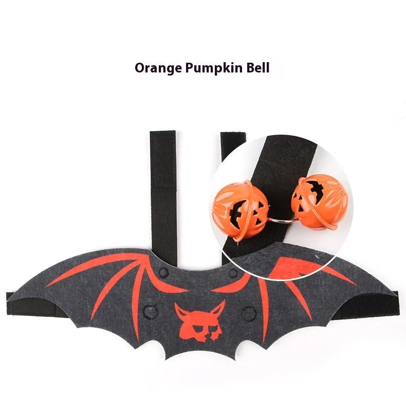 Halloween batwing costume for a cat on a mannequin, shown in orange pumpkin bat colour variant.