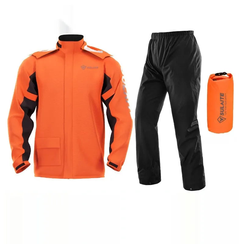 Motorcycle waterproof rain suit set showing raincoat, rain trousers, hidden shoe covers and storage bag