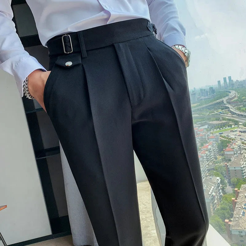 Straight-leg casual trousers in solid colours including black, grey, and khaki on a neutral background.