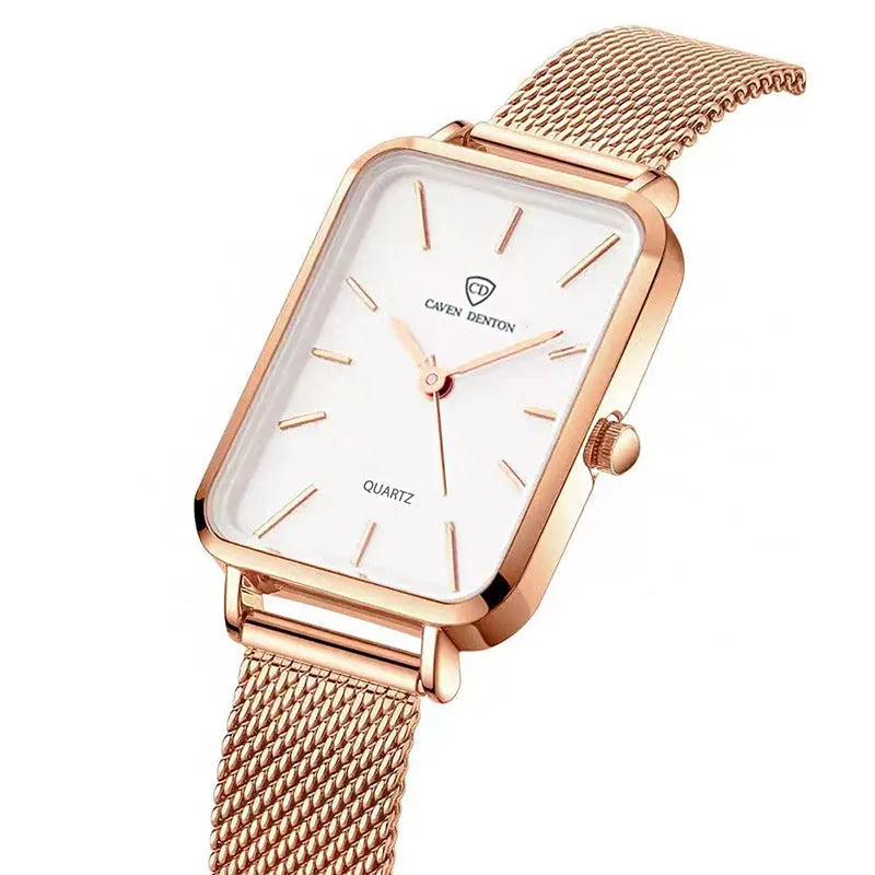 Women's rose gold waterproof quartz watch with woven steel strap and 34mm alloy case