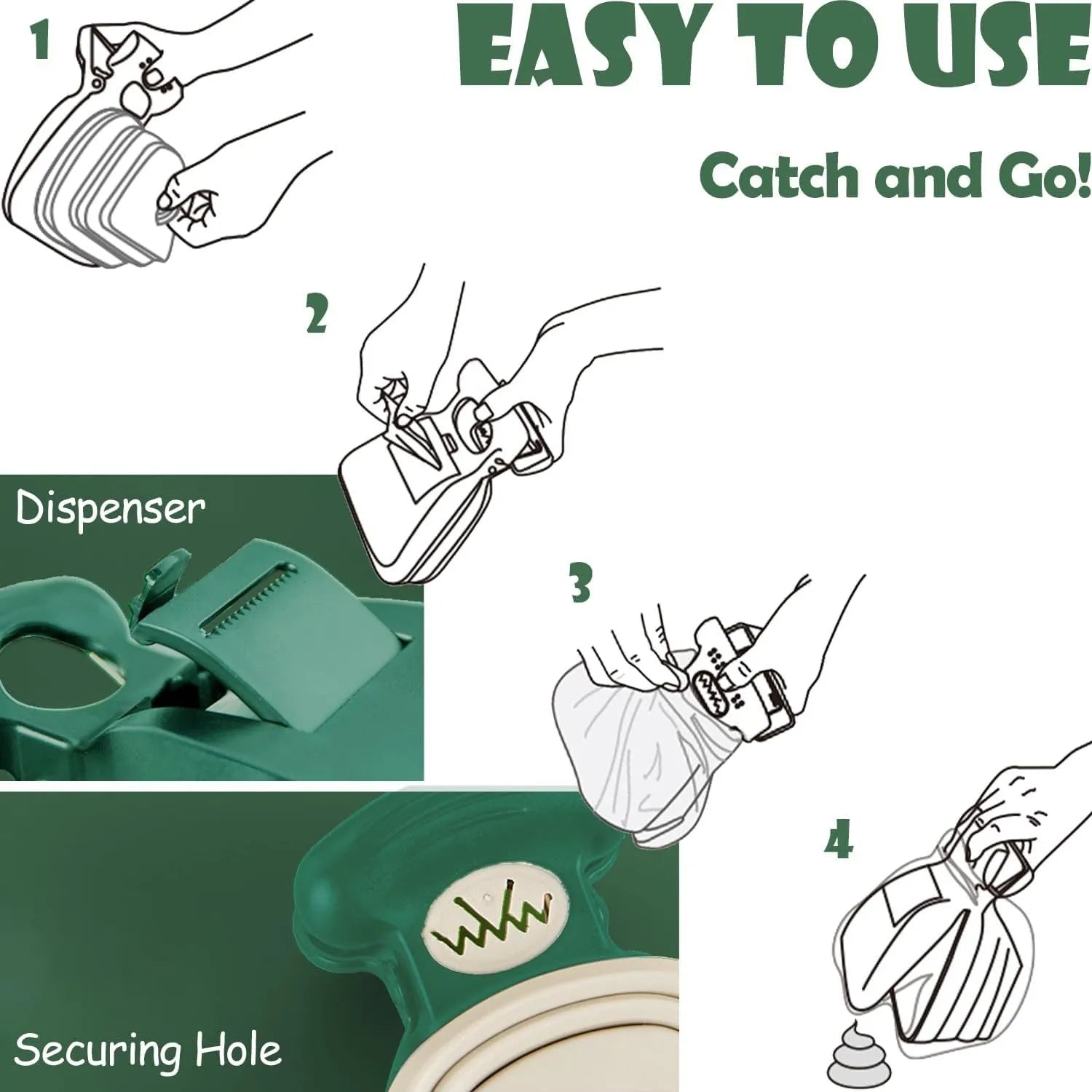 Handheld portable pooper scooper with expandable container and clip for dog waste collection in blue green grey or yellow