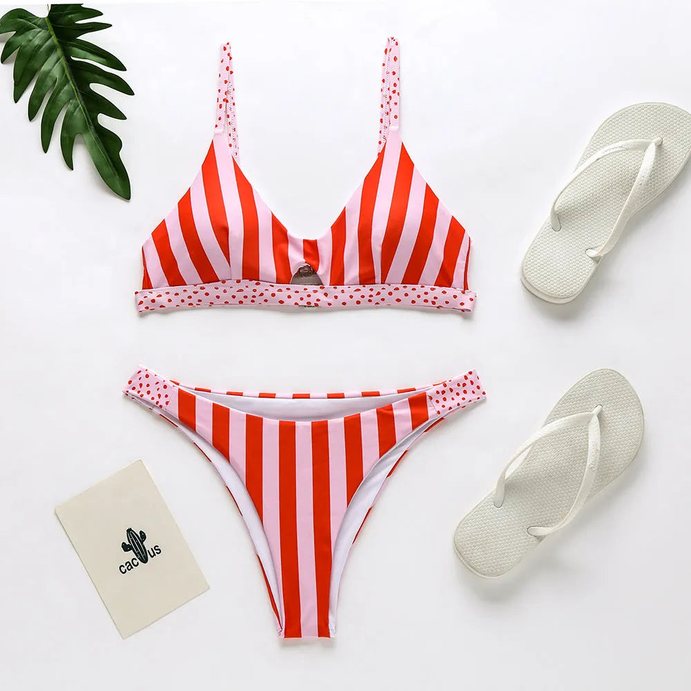 Women's bikini swimsuit set in red and white stripes or black and white polka dots pattern