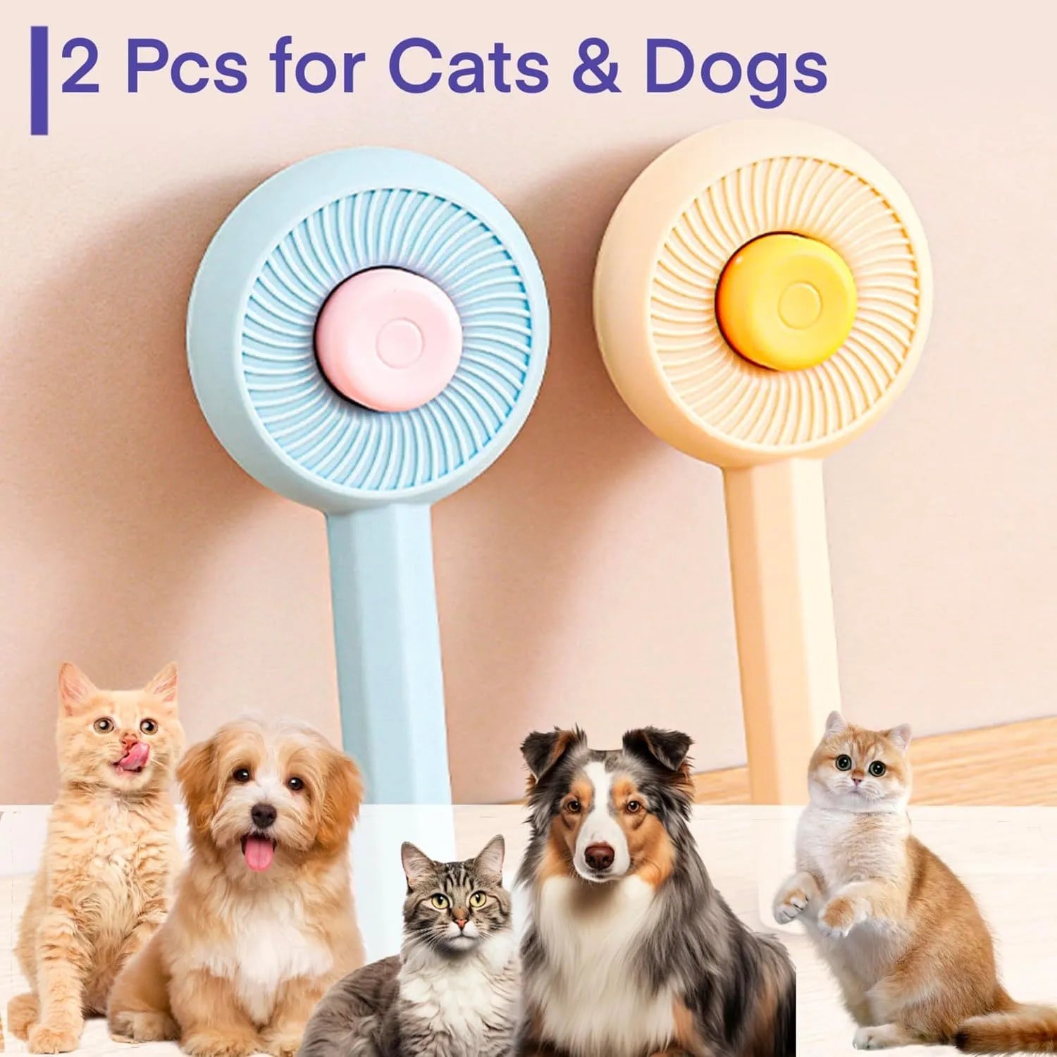 Blue self-cleaning pet grooming brush with angled metal needles and a yellow button.