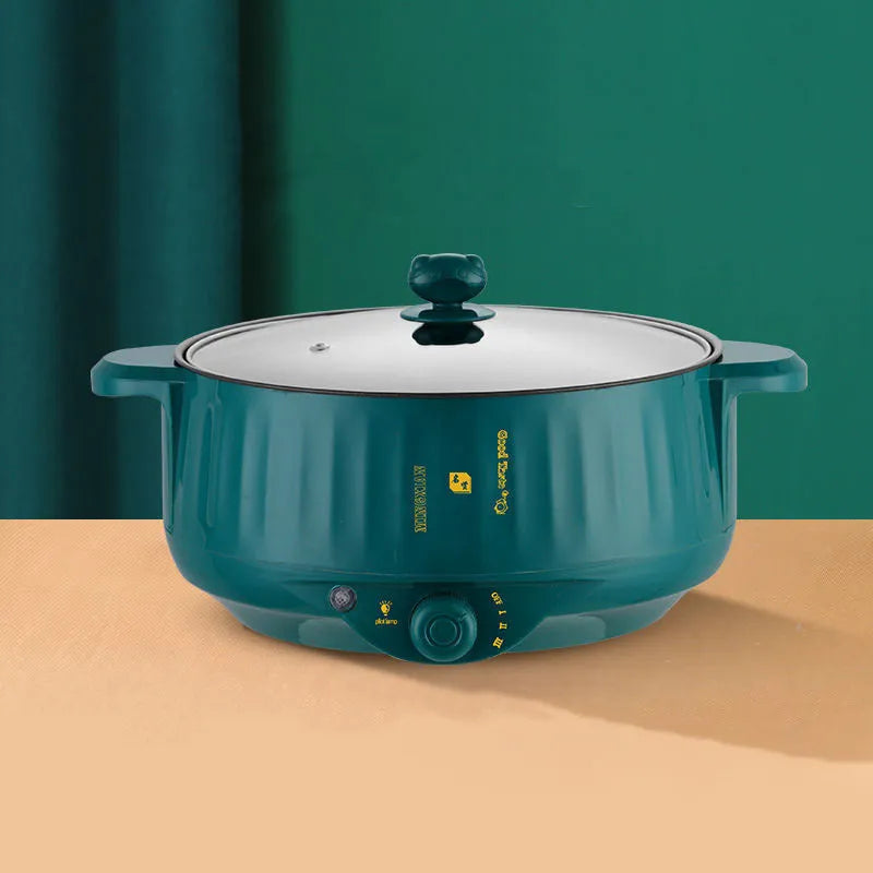 Electric hot pot with non-stick interior and integrated heating element in white or green finish